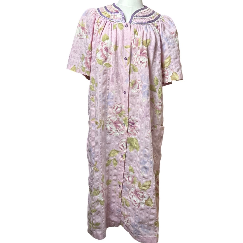 Vintage Pink Floral Seersucker Button Front House Dress Robe Nightgown M Retro